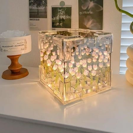 DIY Flower Sea 3D Cloud Tulip LED Night Light Mirror Table Lamps Bedroom  Decoration