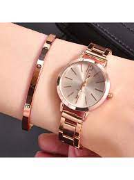 2pcs Women's Fashion Simple Rose Gold Steel Band Quartz Watch+ Bracelet Set