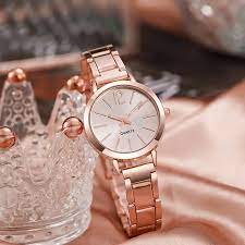 2pcs Women's Fashion Simple Rose Gold Steel Band Quartz Watch+ Bracelet Set