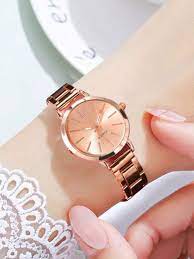 2pcs Women's Fashion Simple Rose Gold Steel Band Quartz Watch+ Bracelet Set